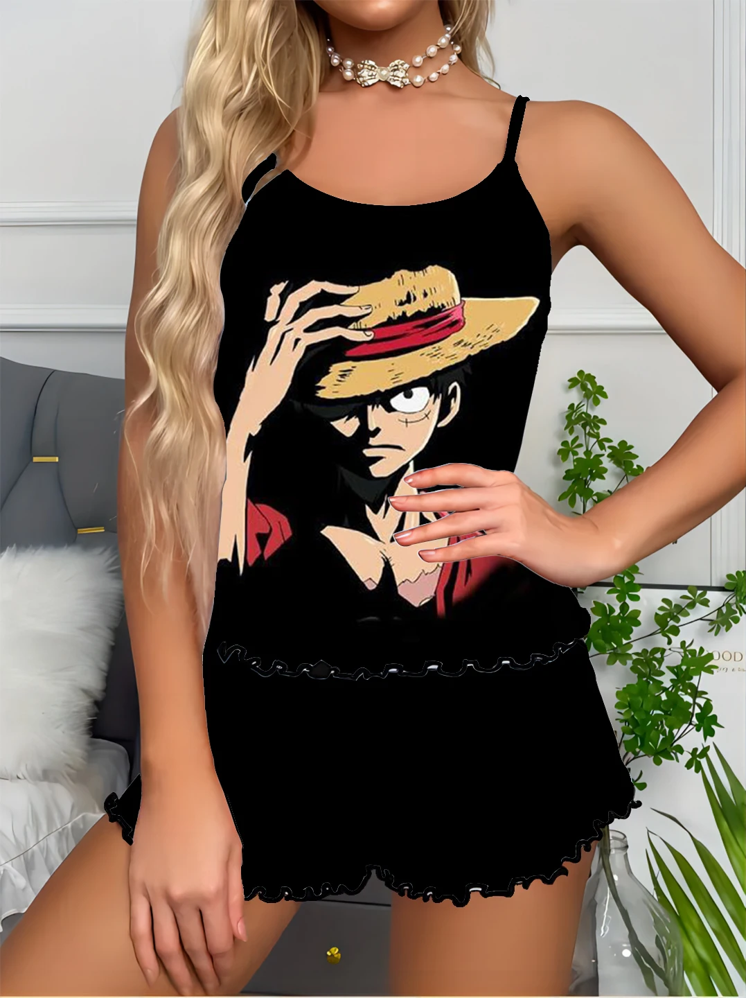 Fashion top with shorts pajamas women's pajamas set satin pajamas One Piece Luffy series print cute cartoon satin