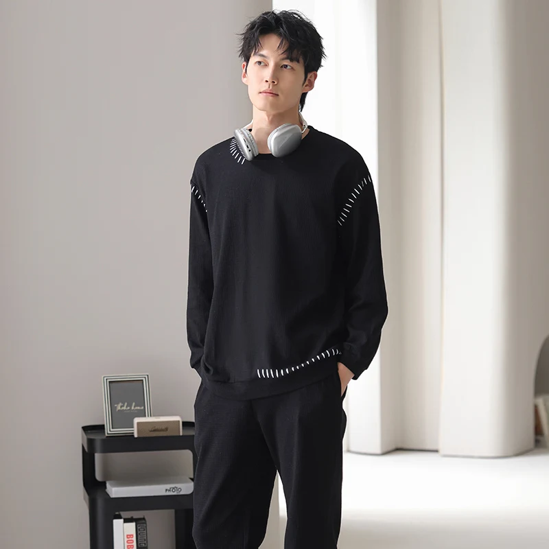 Men Pajamas Set 100% Cotton Solid Sleepwear Male Long Sleeve Casual Pyjamas