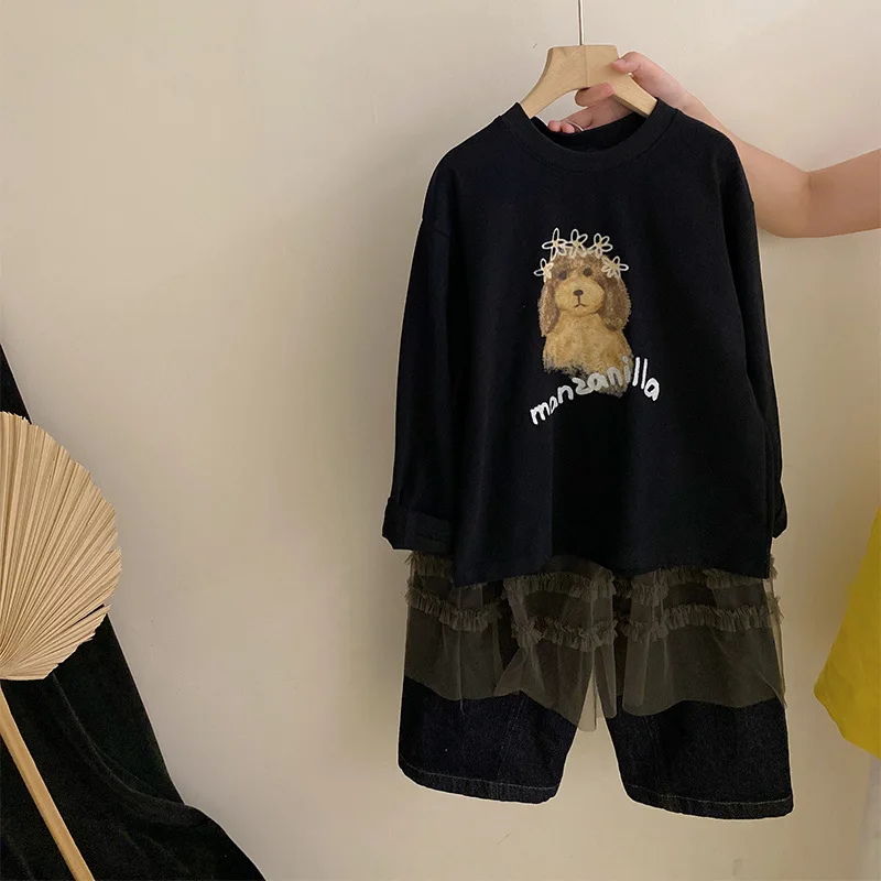 

Girls' Printed Letter Puppy Top2025Autumn New Mesh Skirt Versatile Jeans Three-Piece Set Trendy