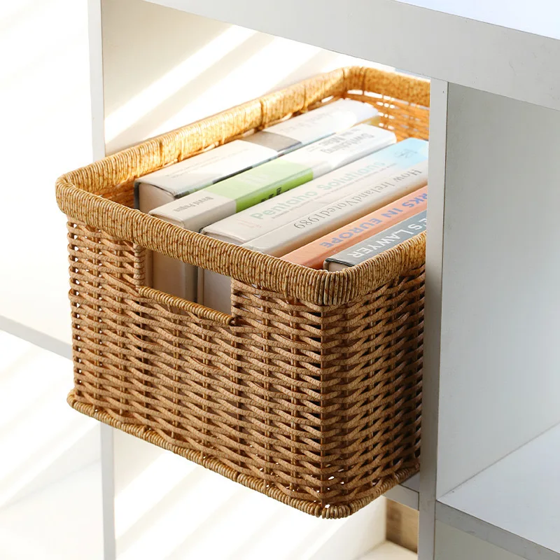 Strong Rectangle Woven Storage Basket with Handles, Waterproof Plastic Baskets for Home Toy Storage, Nest