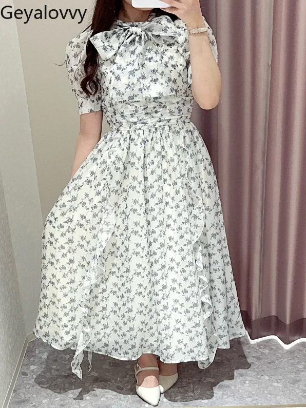 

Summer New Sweet Cute Girls Short-sleeved Maxi Dress Japanese Streamer Bow Lace-up High Waist Printed Ruffle Edge Long Dresses