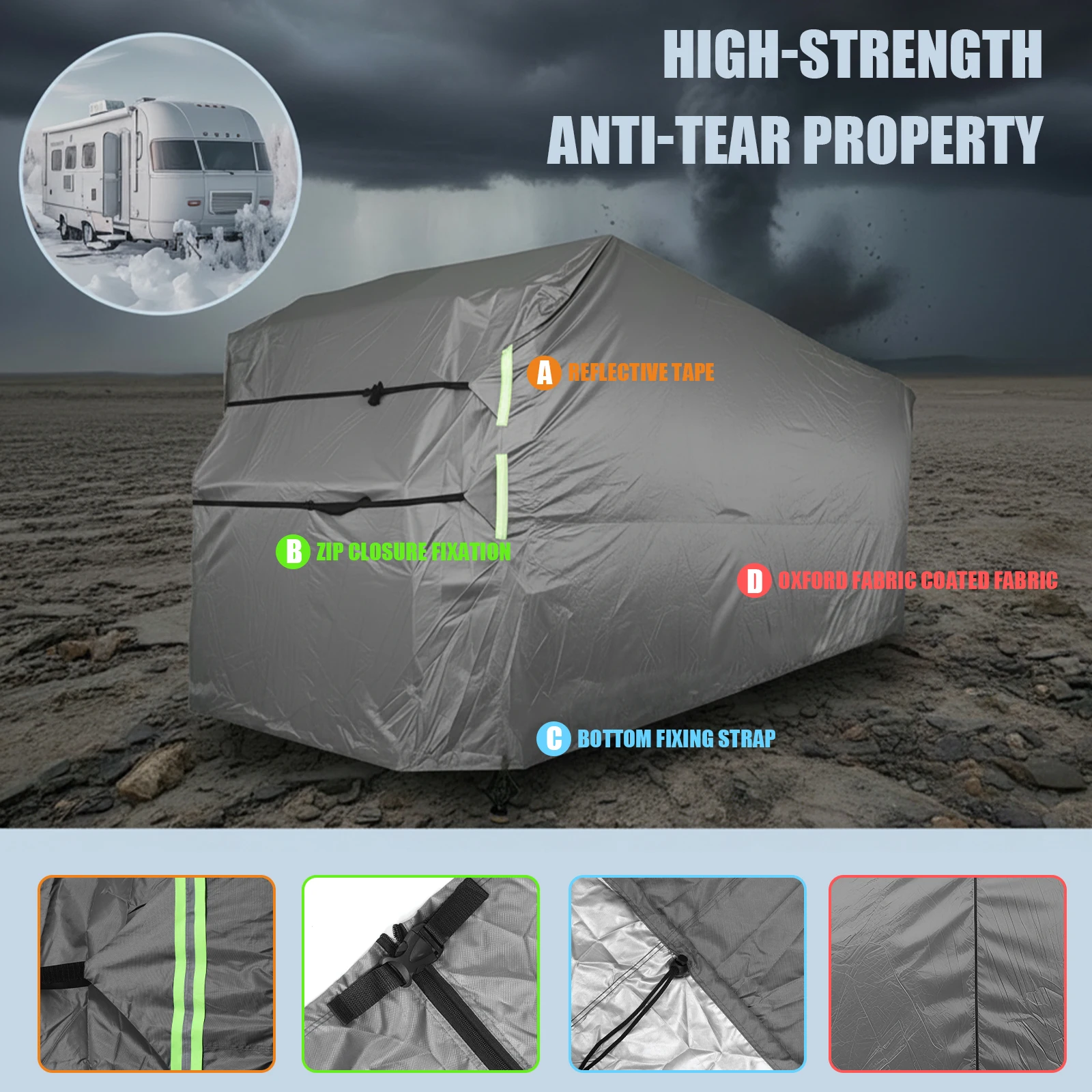 

Чехол для прицепа для автофургона, водонепроницаемый и ветрозащитный чехол для кемпера, 420D, сверхпрочный полиэстер Оксфорд, прочный водонепроницаемый чехол для автофургона