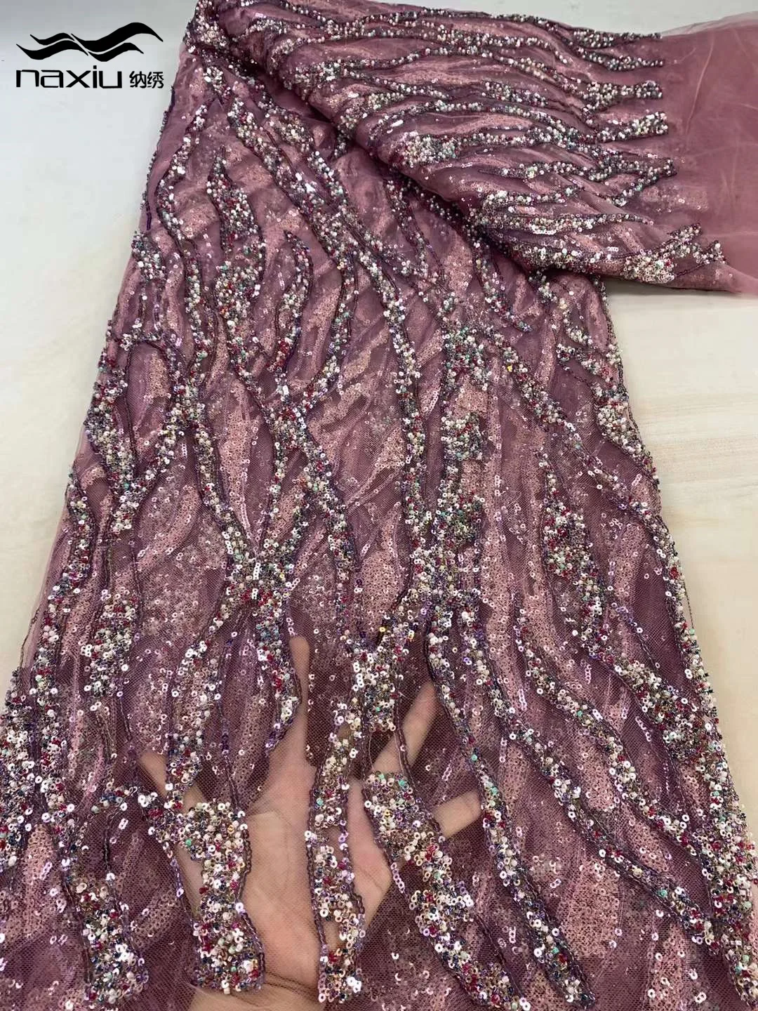 Madison High Quality Beaded Lace Fabrics For Wedding Fabric Material Purple Bridal Lace with Sequins Luxury African Lace Fabric