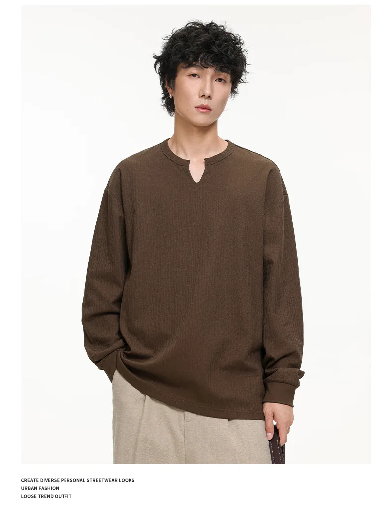 PFNW Versatile Solid Color Casual Base Shirt Men's V Neck Textured Long Sleeve T Shirt 2026 Autumn New Tide 28L3528