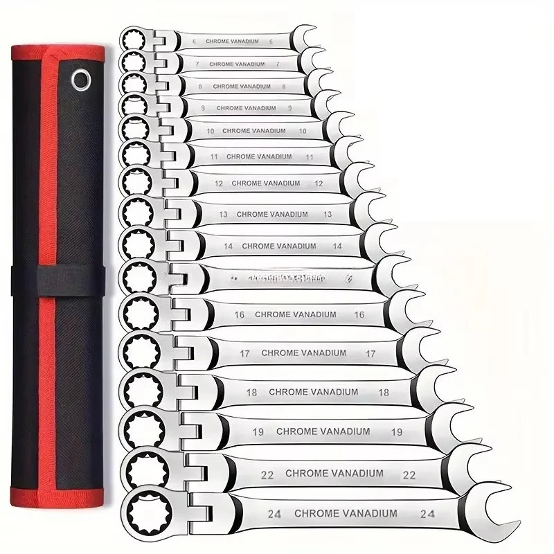 16pcs Scratch Head Ratchet Wrench Set, Combination End Wrench Kit, Chrome Vanadium Steel Hand Tool Socket Key Ratchet Wrench Set