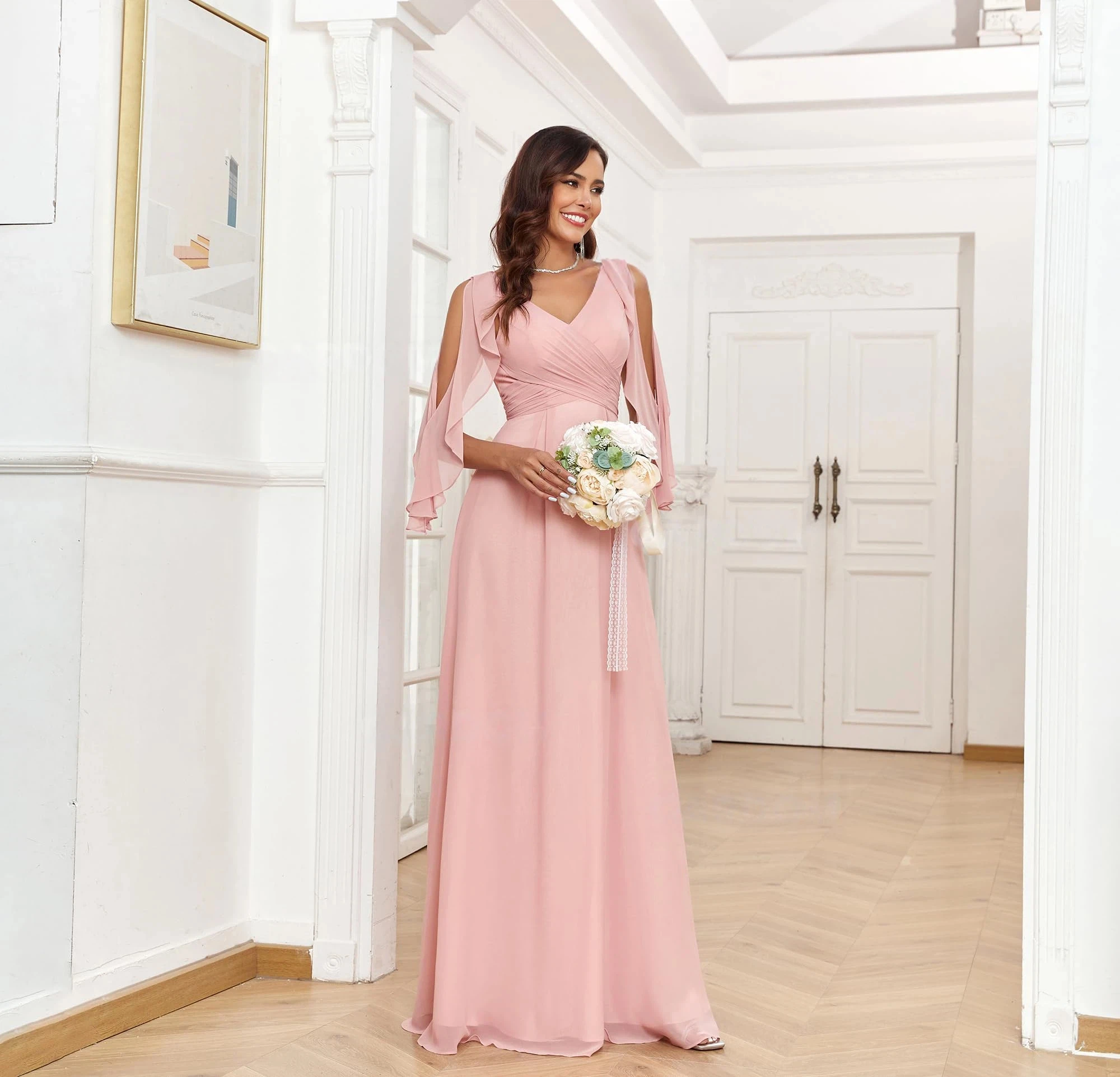 

Cold Shoulder Bridesmaid Dresses with Sleeves for Women V Neck Chiffon A Line Pleated Formal Evening Gown