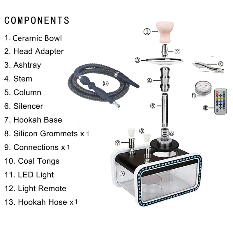 Acrylic Square Tank Hookah Shisha Chicha Nargile With Double Hose LED Light Smoking Water Pipe Accessories Hookah Chicha Set