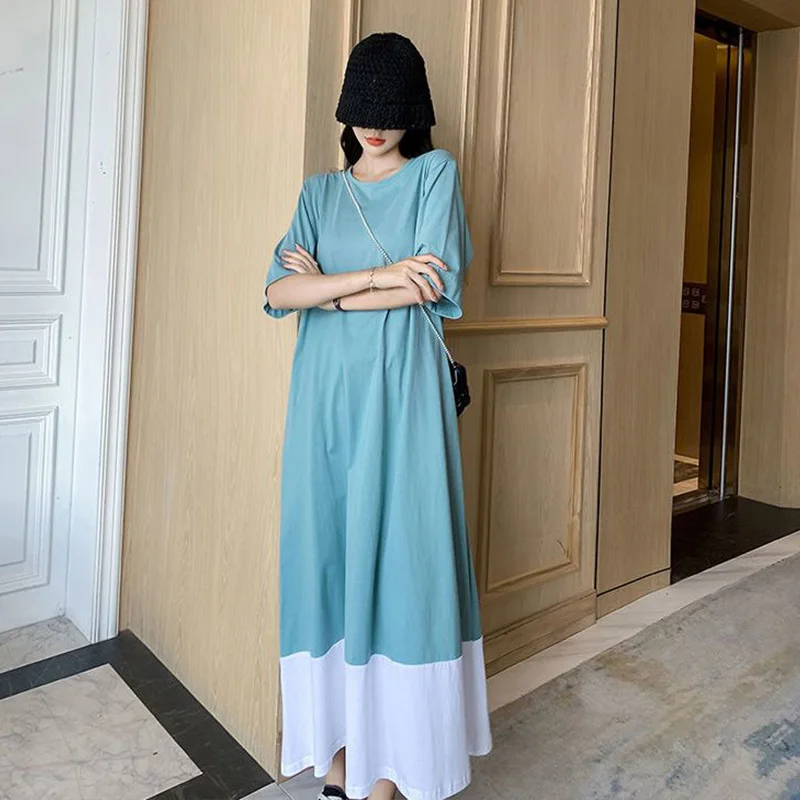 

Summer Women Clothing Oversized Casual Patchwork Solid Color O-neck Short Sleeve Tshirt Dress Femme Simplicity Loose Long Dress