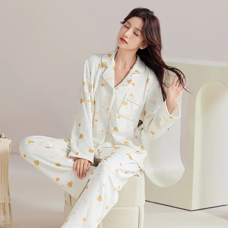 Autumn Winter Warm Island Velvet Heart Print Sweet Girl's Pajamas Long Sleeve Trousers Sleepwear 2 PCS Nightwear Home Clothes