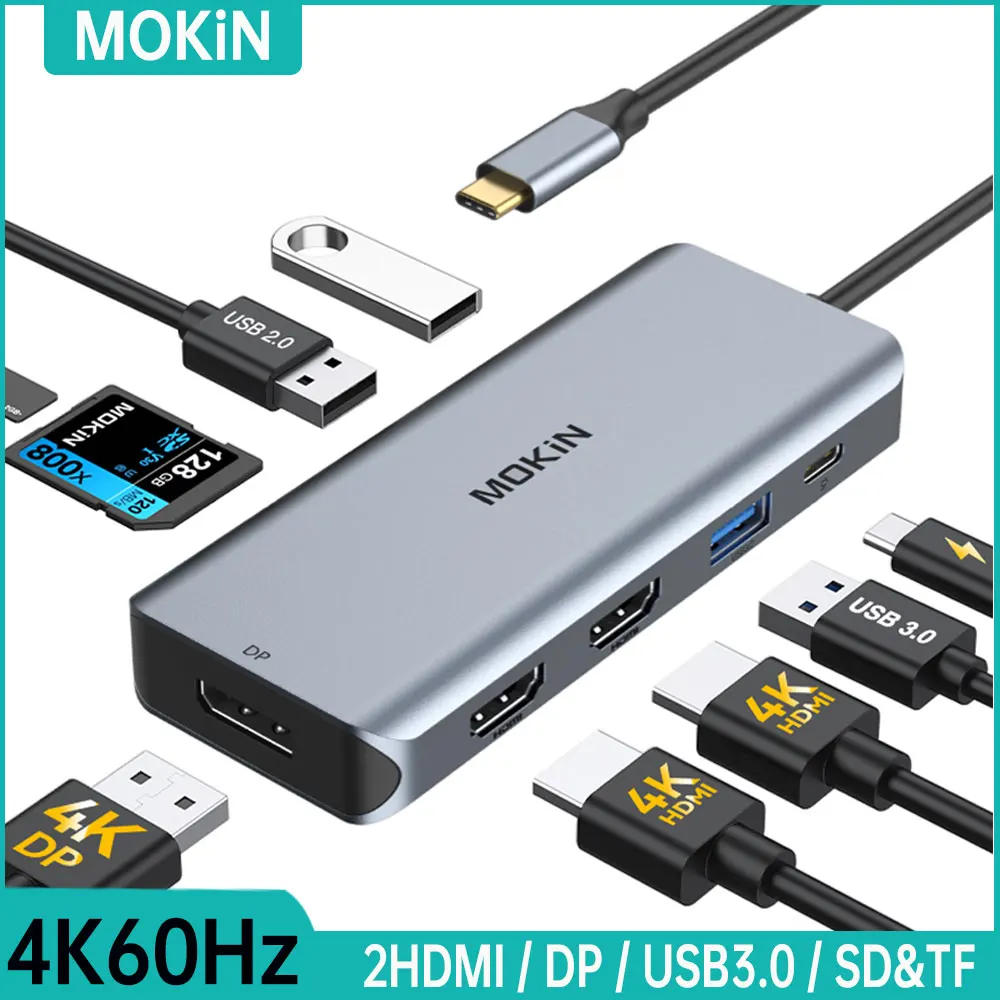 MOKiN USB C HUB a 4K60Hz adaptador de concentrador HDMI Dual, concentrador de ordenador portátil con DP USB3.0 USB2.0 SD y TF PD100W, base para Macbook Pro/Air HP Dell