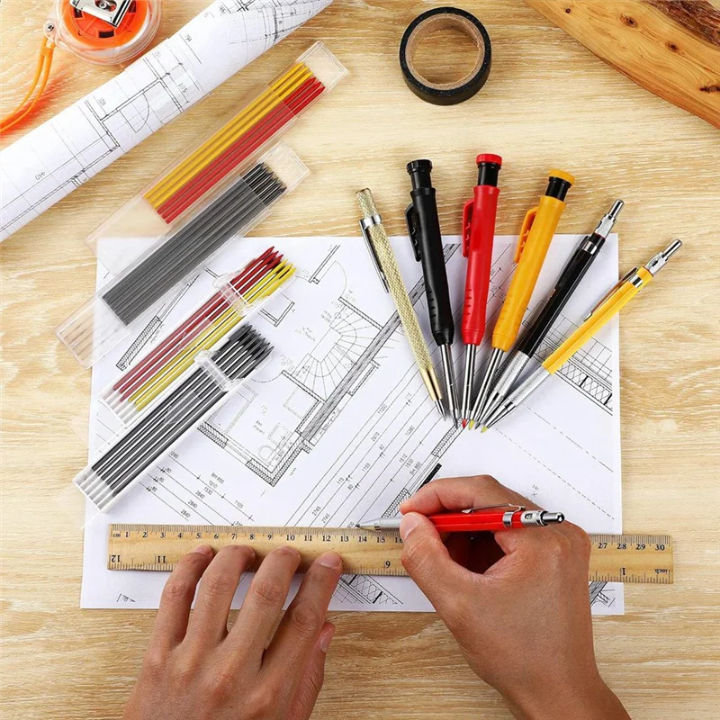 Set Pensil Tukang Kayu Mekanis Bergaya dengan Isi Ulang Spidol dan Alat Penulis Karbida, Pensil Pertukangan Lubang Dalam Padat Durab