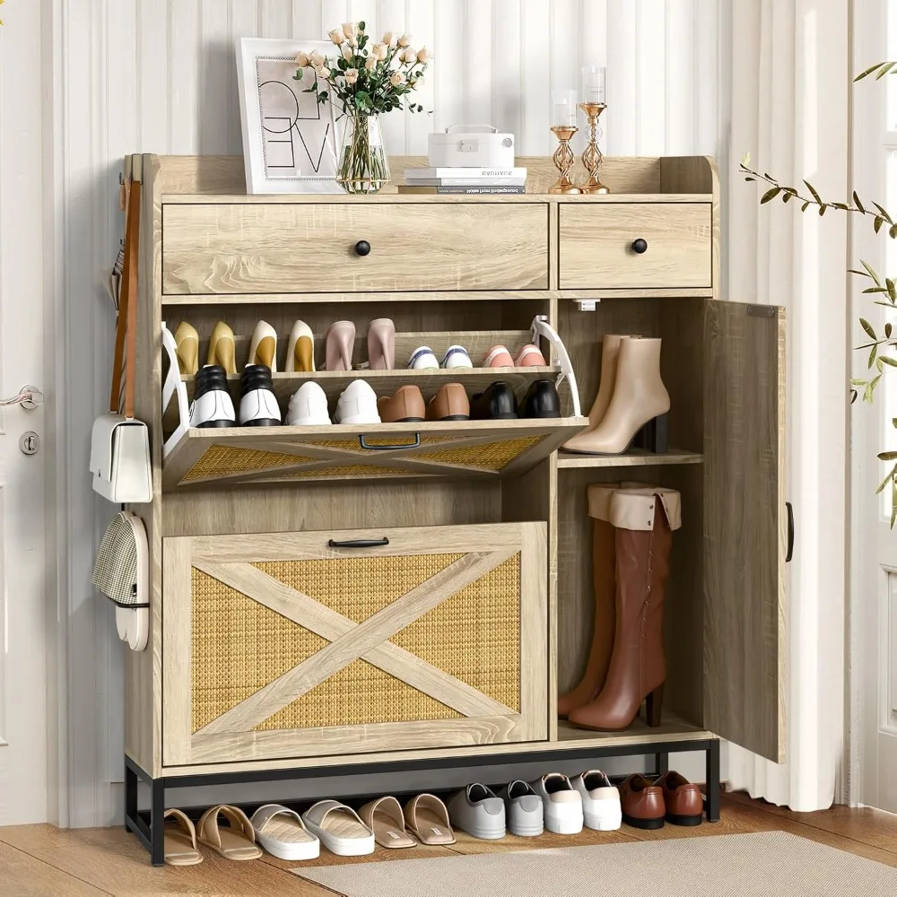 

Shoe Cabinet with 2 Flip Cabinets & Side Cabinet, Shoes Cabinet with Adjustable Shelves, Shoe Storage Organizer for Entryway, Ha