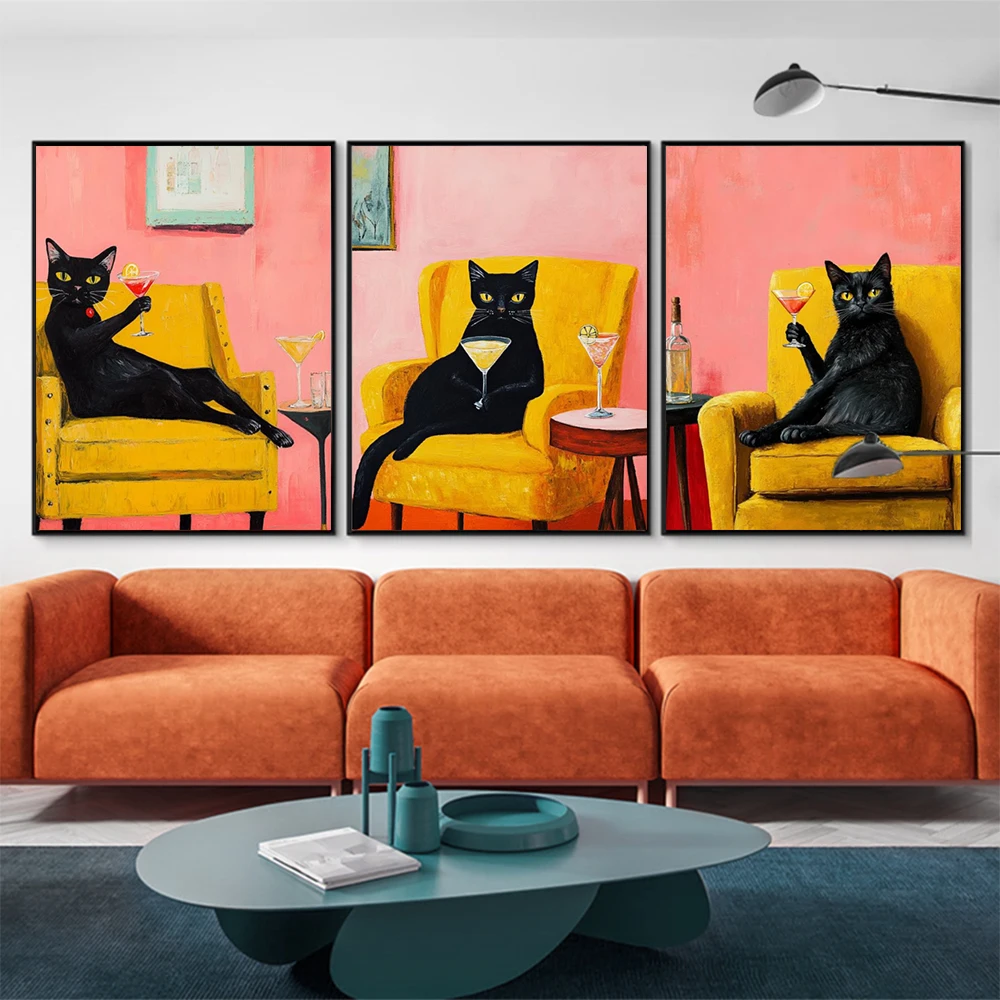 Lustiges schwarzes Katzen-Cocktail-Leinwandgemälde-Set, rosa Hintergrund, elegante schwarze Katze mit Martini-Kunstposter, Wohnzimmer, Heimdekoration