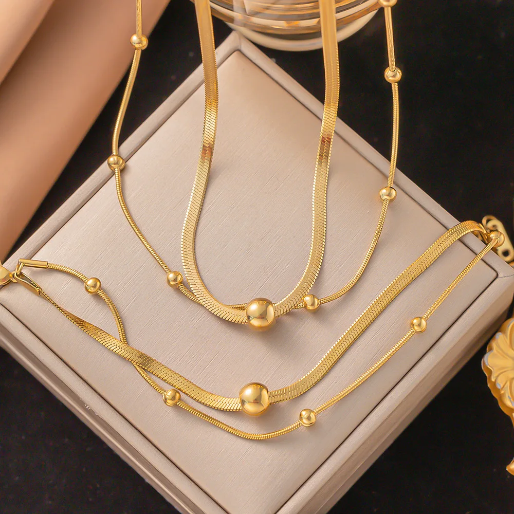 316L Stainless Steel Simple 2 Layer Circular Bead Snake Bones Chain Ladies Necklace Fashion Exquisite Jewelry
