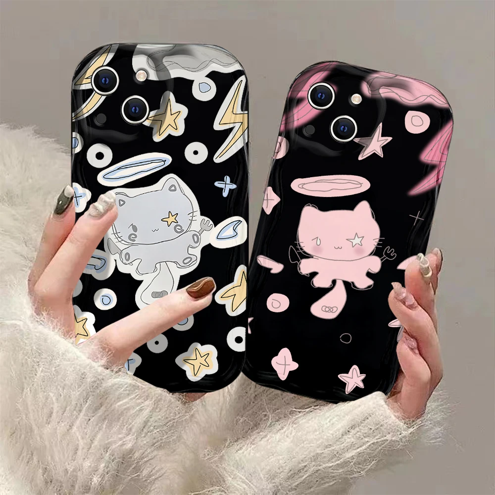 Y2K Cute Cat Pink Angel Kitten 3D Wave Phone Case For Samsung Galaxy S24 S23 S22 S21 S20 FE Plus Ultra 4G 5G Silicone Back Cover