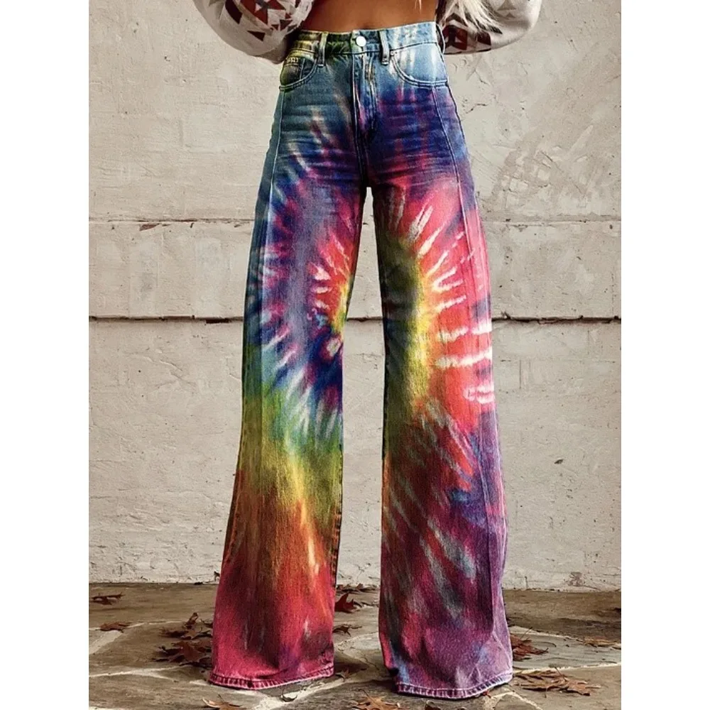 Damen Y2K Tie-Dye Graffiti-Print Hose mit hoher Taille und weitem Bein, Farbverlauf, Streetwear, lässige, lockere Hose mit Taschen, XXS-3X – Detail 3