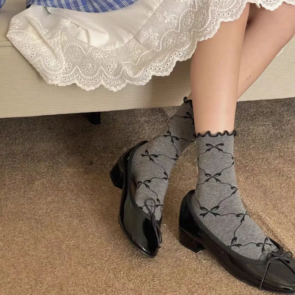 5Pairs Soft Thin Cotton Ruffle Bow Socks Ins Style Lolita Mid Tube Socks Female Hosiery Breathable Sweet Socks Women Girl