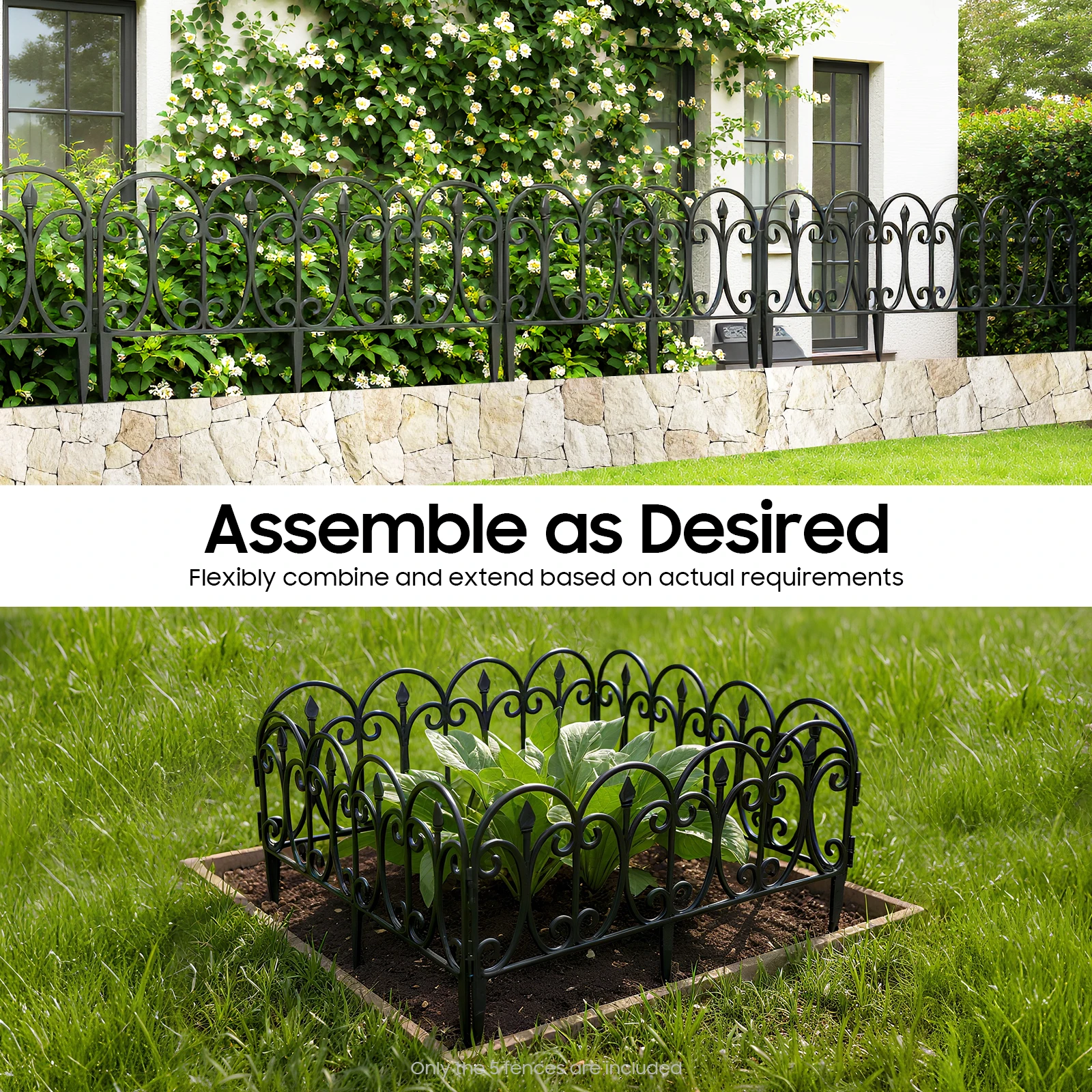 Set da 5 pezzi di recinzione da giardino in plastica, confezionata in scatola, arco decorativo nero, pannelli collegabili con picchetti da terra, facile da smontare, bordatura per paesaggi esterni,