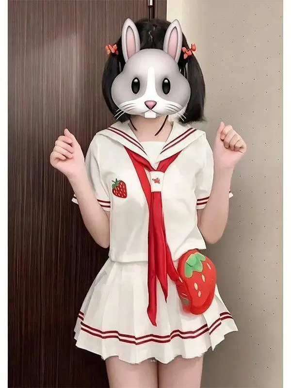 2026 Anime JK Uniform Strawberry Embroidery Short Sleeve Sailor Suit School Style Waist Cinched White Red Plaid Skirt Set image 3