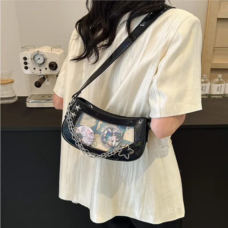 MBTI Laser Silver Shoulder Bag for Women Designer Casual Fashion Transparent Lolita Ita Bag Jk All-match Chain Y2k New Handbag