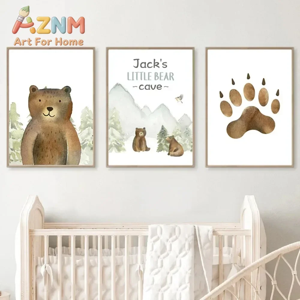 AZNM Watercolor Bear Canvas Wall Art Forest Mountain Bear Paw Print Woodland Animal Unframed Canvas Poster for Baby Boys Nursery