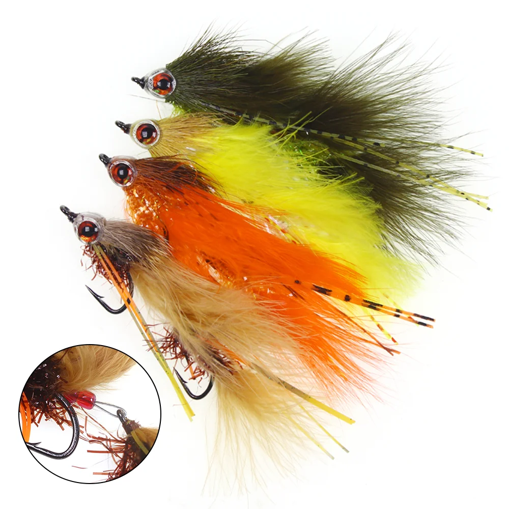 1 Stk./4 Stk. Hirschhaar-Stinger-Fliegen, lebensechte 3D-Fischaugen-Zirkus-Erdnuss-Artikulations-Streamer-Fliegen für Forellen-, Barsch-, Hecht- und Muskie-Angeln