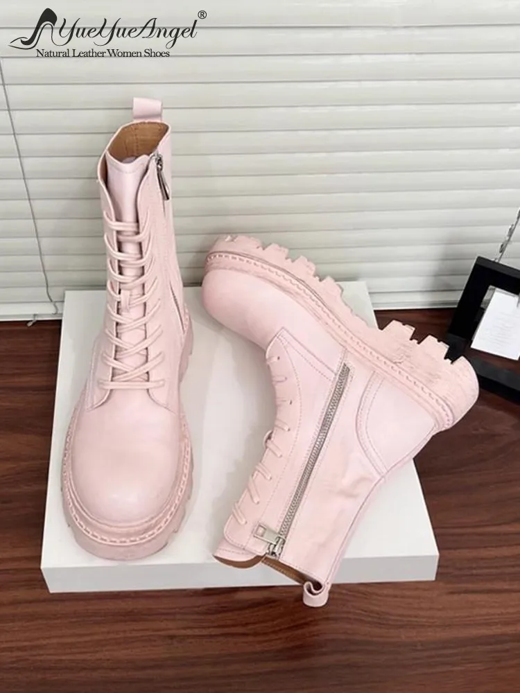 

Autumn New Women Elegant Lace Up Round Head Zipper Ankle Boots Mid Heel Genuine Leather Boots Fashion Shoes Comfortable Design
