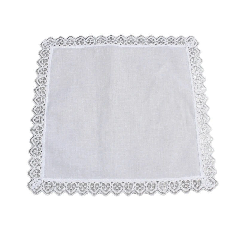 

F42F 23x25cm Men Women Cotton Handkerchiefs Solid White Hankies Pocket Lace Trim Towel Diy Painting Handkerchiefs for Woman