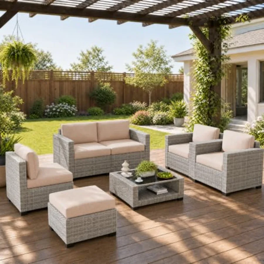7 Pcs Outdoor Patio Furniture Set, Rattan Chairs Glass Table Wicker Conversation Seating Sectional Sofa with Cushions,7Pcs-2 La