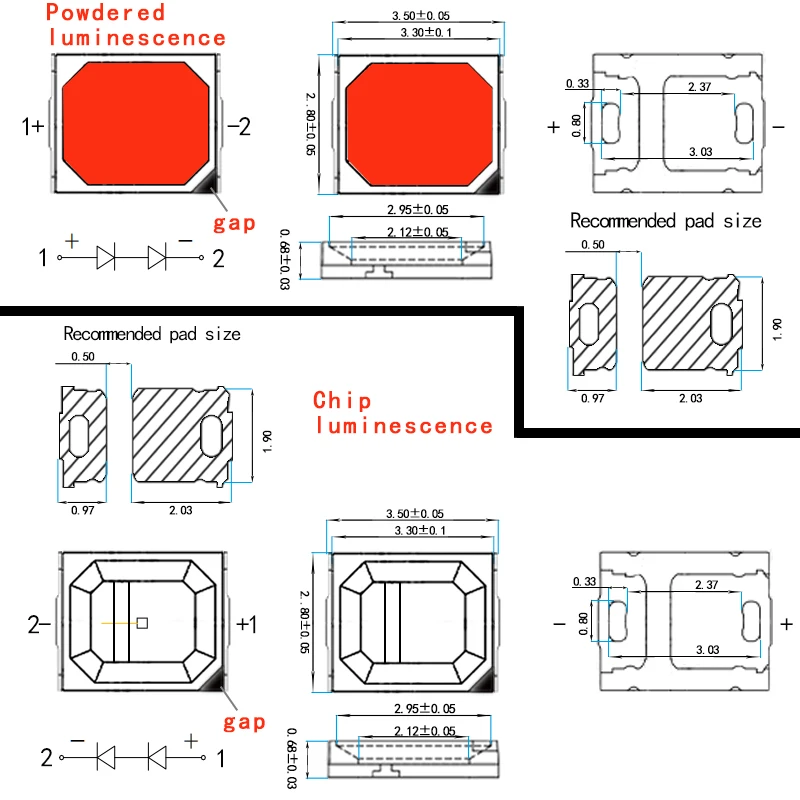 2835 plant lighting LED lamp beads, light color: plant red, wavelength band: 660nm, chip light emission, powder light emission.