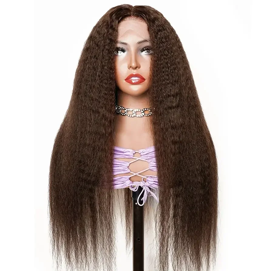 Soft 180Density Brown Preplucked 26” Long Kinky Straight Yaki Lace Front Wig For Women With Baby Hair Natural Hairline Glueless