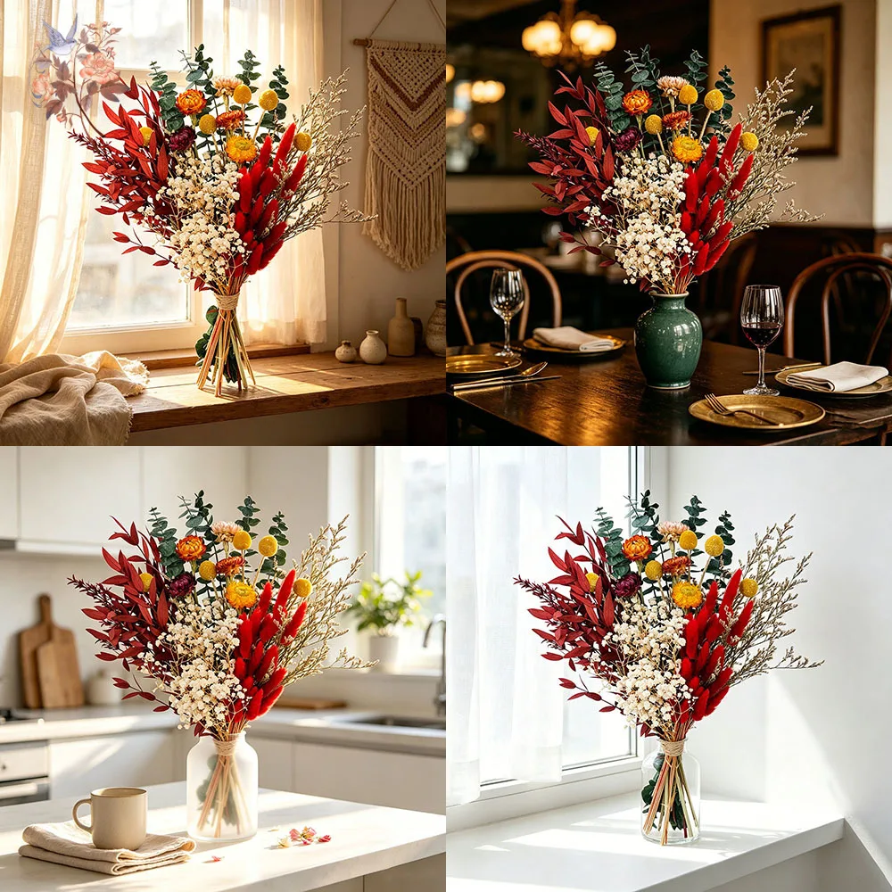 Natural Dried Flower Bouquet Real Floral Arrangement Home Living Room Bedroom Decor Vintage Rustic Party Wedding Gift Photo Prop