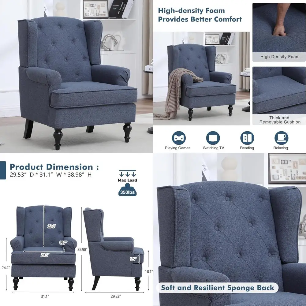 

Современное кресло середины века с крыльчатой спинкой, кресло с мягким акцентом для гостиной, высокая спинка с тафтинговым дизайном и однотонными ножками, Com