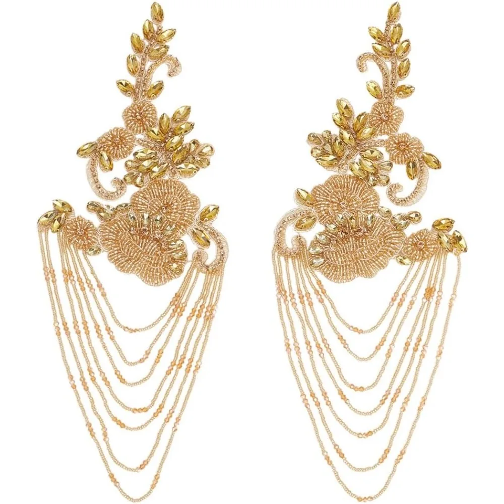 

2Pcs 2 Styles Beaded Rhinestone Applique 12.8x4.8Inch Gold Pair Beaded Rhinestones Applique Embellishment Epaulettes