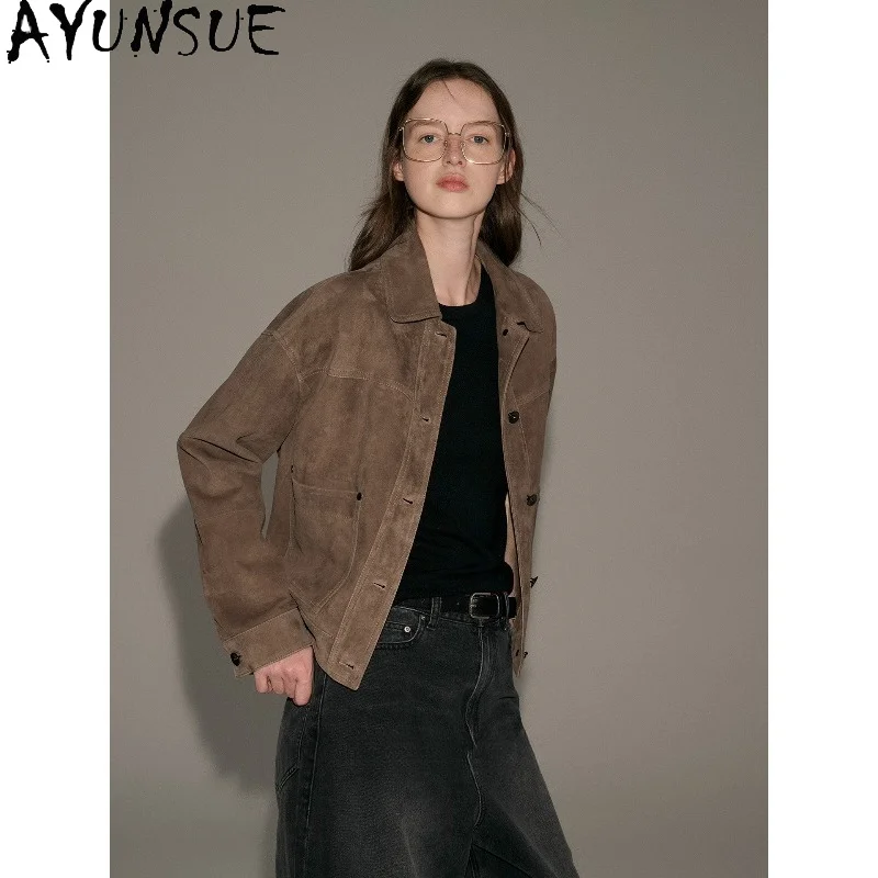 AYUNSUE Real Leather Jackets for Woman Fashion Suede Sheepskin Leather Jacket Woman Autumn Long Sleeve Tops Woman Clothes Casaco