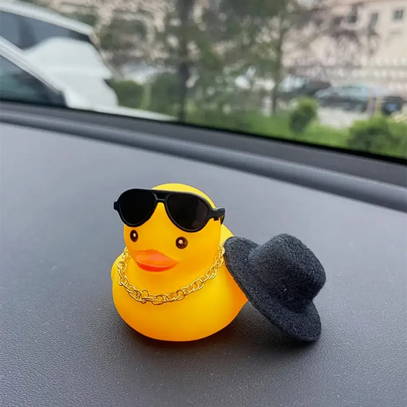 Car Rubber Duck, Yellow Duck Decoration Dashboard with Sun Hat Swim Ring Necklace