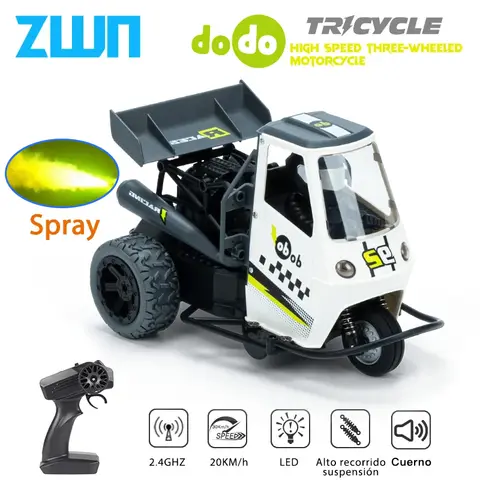 ZWN S810 세 바퀴 RC 자동차 조명 스프레이 2.4G 원격 제어 전기 고속 에뮬레이션 오토바이 어린이를위한 장난감