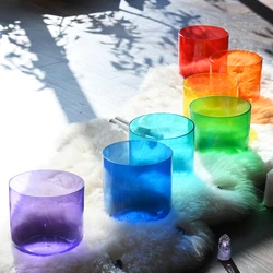 CVNC 6 Inch *5pcs+7 Inch *2pcs colored Alchemy Clear Quartz Crystal Singing Bowls set of 7pcs For Sound Healing with Bags