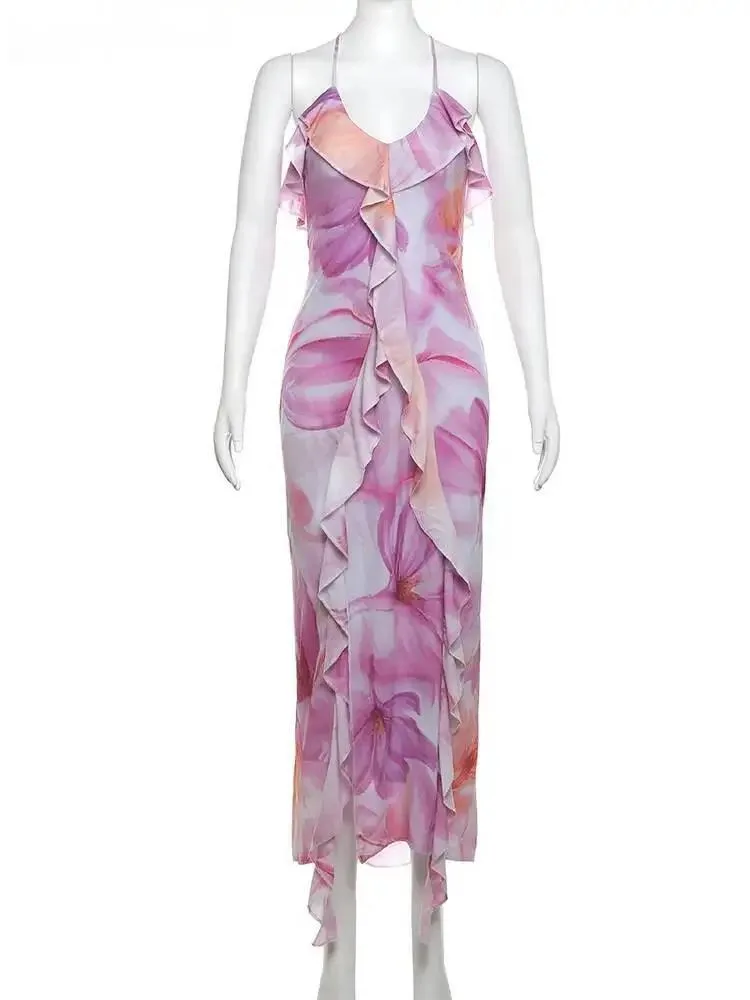 Sukienka damska letnia bez ramiączek z kwiatowym nadrukiem, rozcięciami, nieregularnymi frędzlami, patchworkiem, odkrytymi plecami, bandażowa, obcisła, na imprezę, Vestidos C2LT