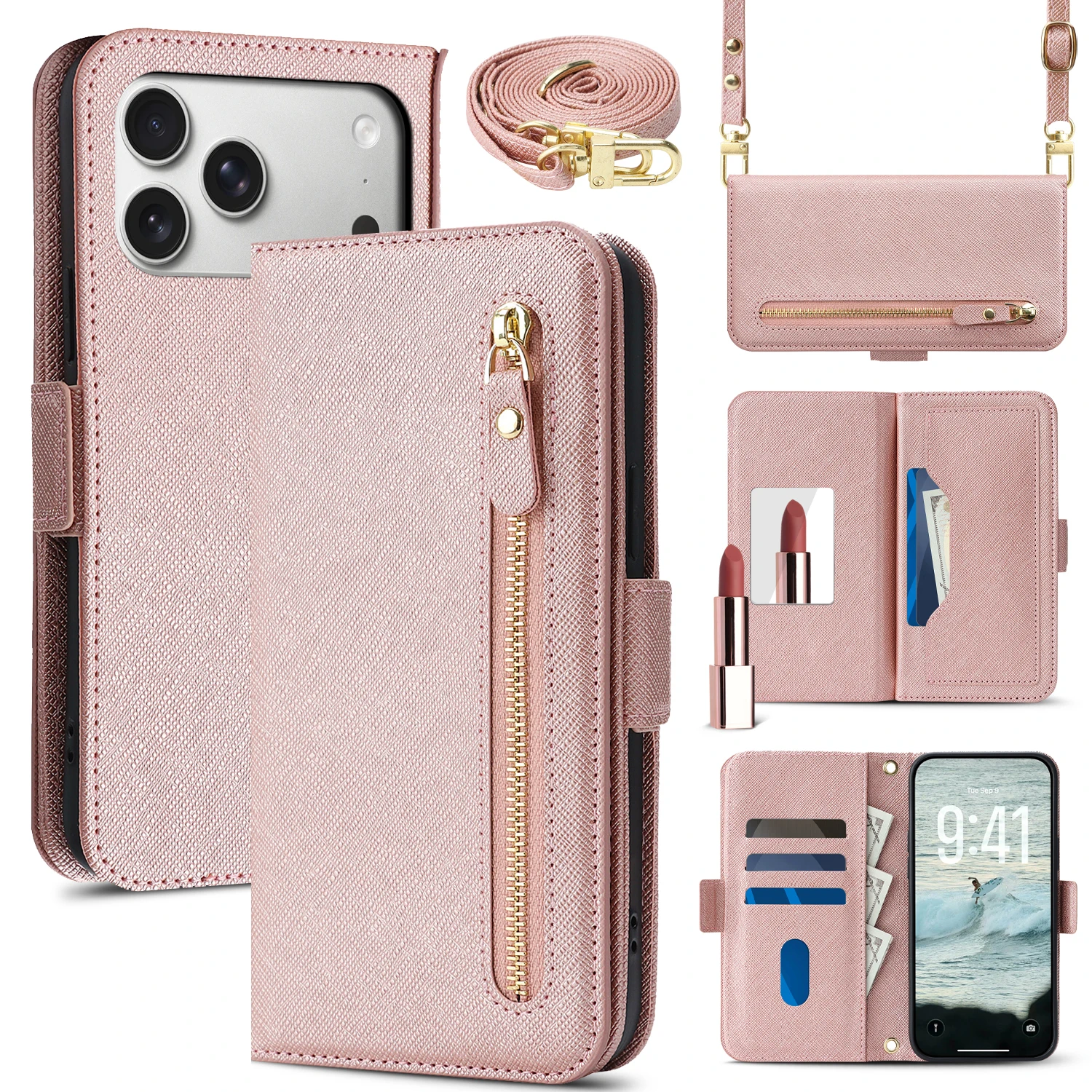 Crossbody Long Lanyard Zipper Cards Solt Wallet Flip Leather Case For iPhone 17 Pro Max 16 15 14 13 12 Shockproof Stand Cover
