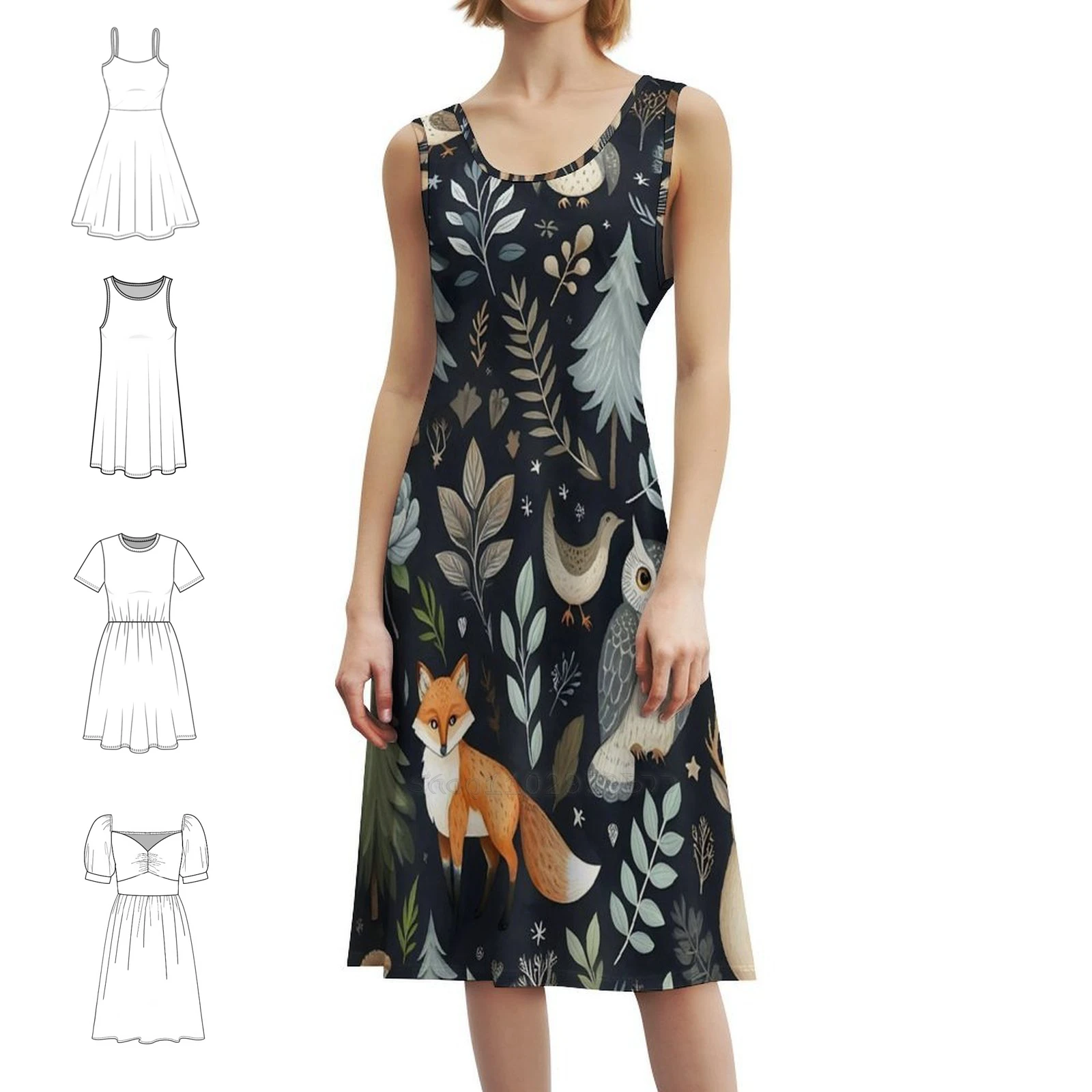 

Богемное платье без рукавов с узором лесной фауны, платье с несколькими принтами для пляжного отдыха и вечеринки, олень, лес, природа, милый узор с животными