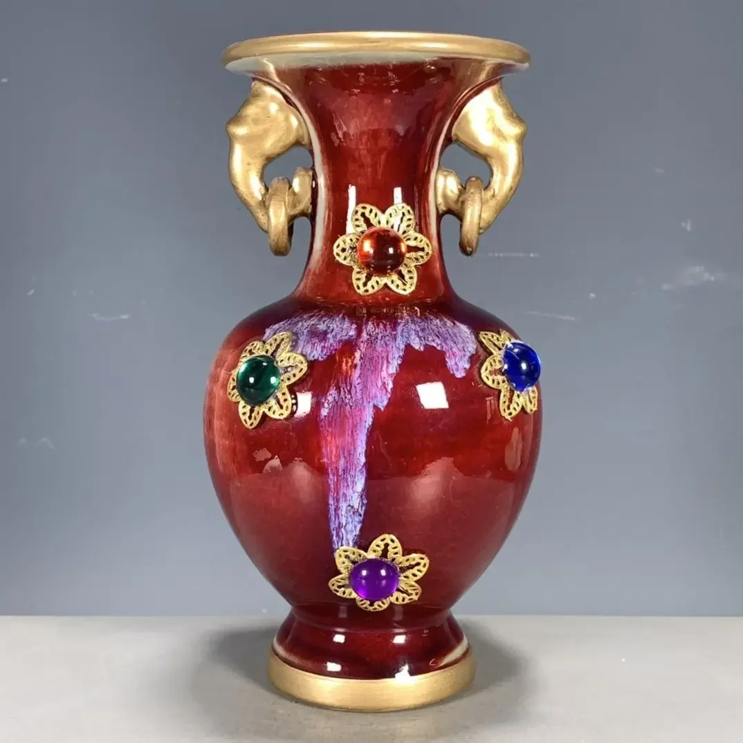 Antique porcelain Jun porcelain kiln-changed double-eared ring inlaid gemstone vase Bogu shelf old ornaments