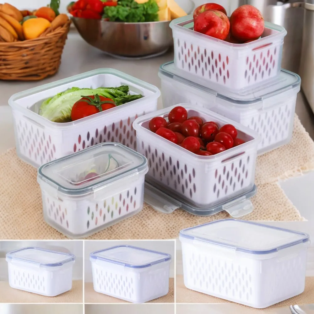 Large Capacity Transparent Double-layer Refrigerator Preservation Box - Sealed Vegetable Fruit Food Grade Drain Organizer Food