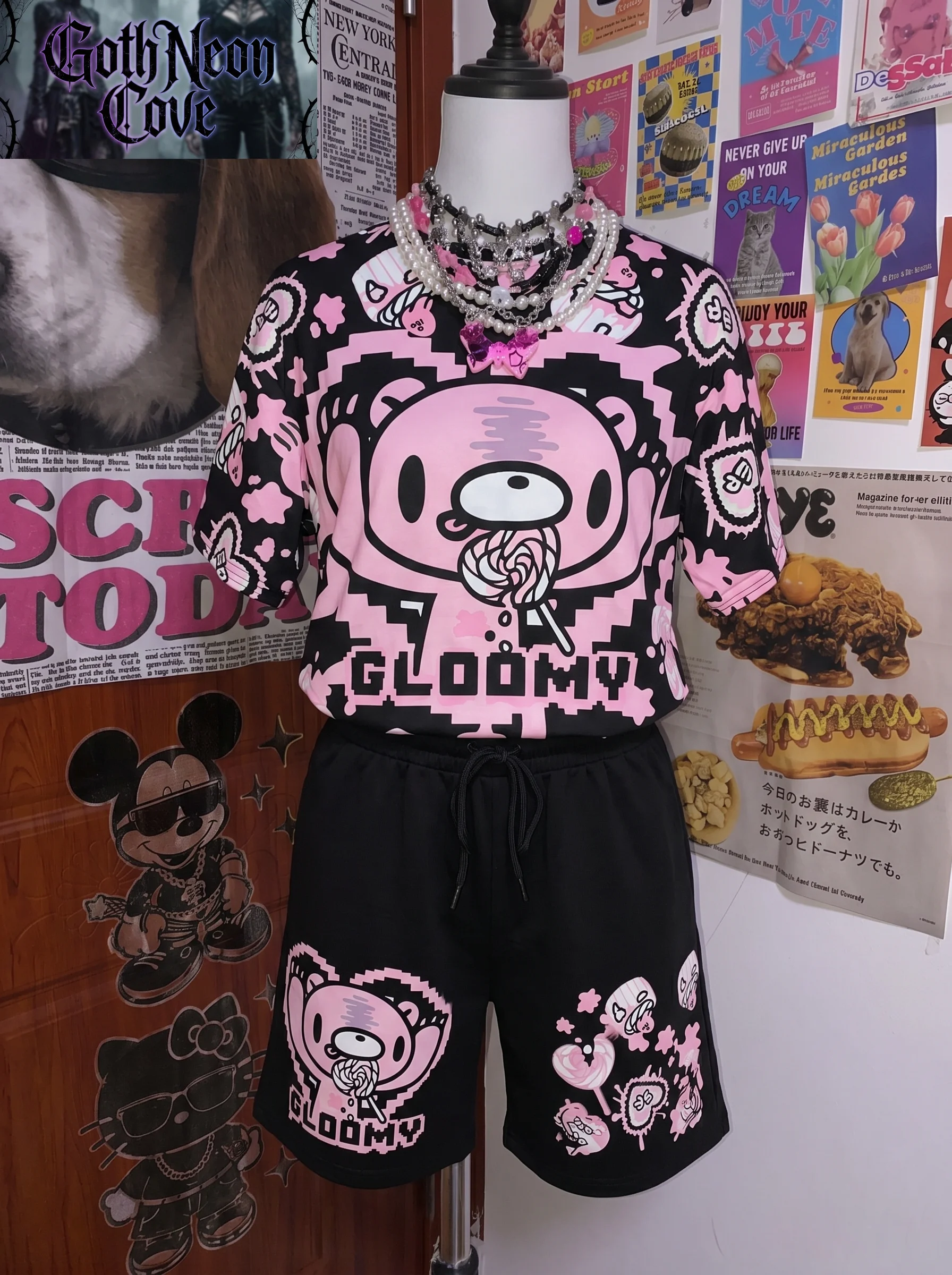 Summer Japanese Subculture 2 Piece Set Women's Short Sleeve O-Neck T Shirt + Elastic Waist Shorts Cartoon Bear Print Y2K Set