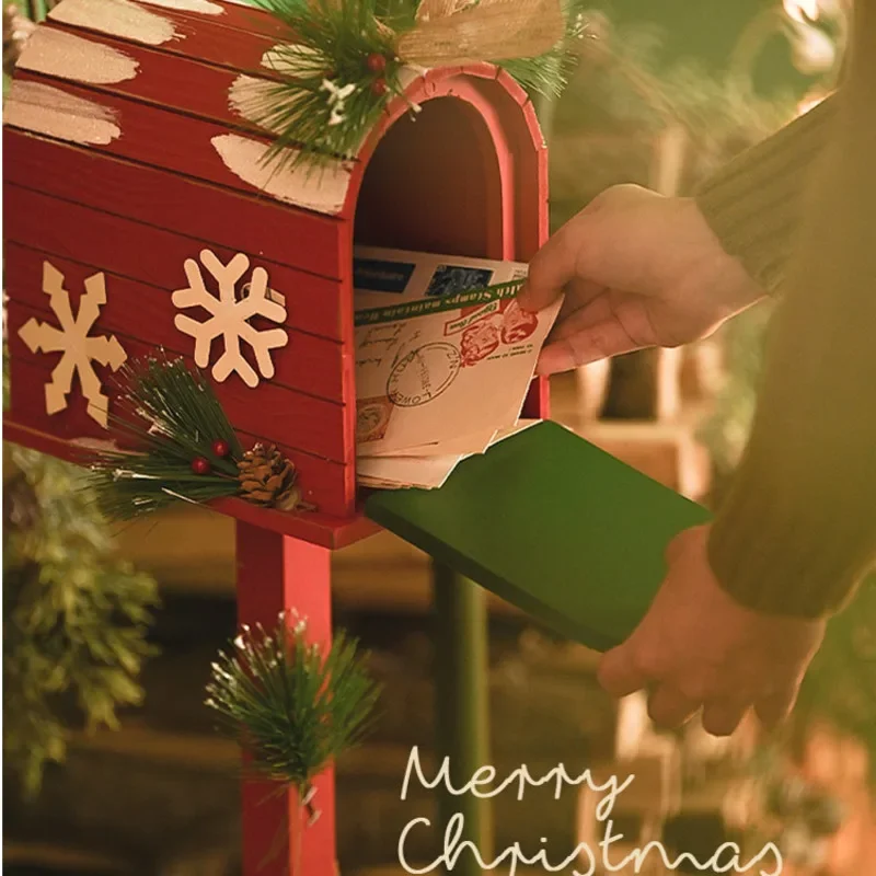 Nordic Vintage Wood Landing Post Box Christmas Decoration Letter Box Shopping Mall Restaurant Indoor Window Christmas Post Box