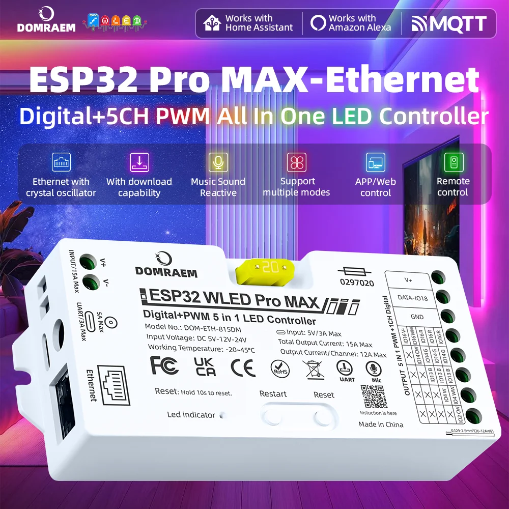 NEUER DOMRAEM WLED Pro MAX ESP32 Ethernet WiFi 5-in-1 LED-Controller mit Sound-Mikrofon, Digitaler Pixel-PWM-Treiber für Single CCT RGB RGBW RGBCCT