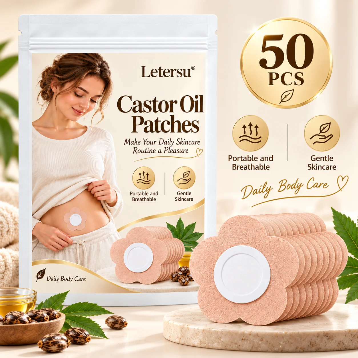 50PCS Castor Oil Patches for Belly, Flower Shape Body Care Pads, Breathable Comfortable Skin Patches for Daily Skincare
