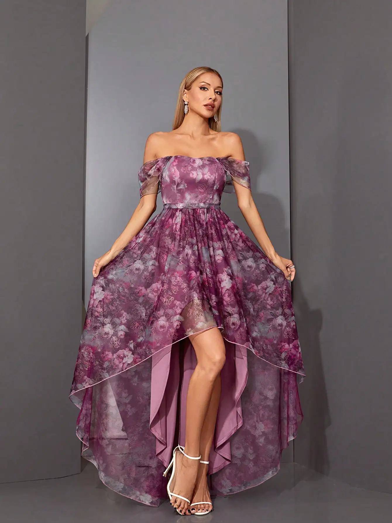 Mgiacy Falda larga de malla larga con espalda corta y plisado estampado con cuello único y vuelo grande