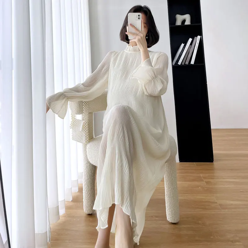 

9114# 2024 Spring New Korean Fashion Pleated Chiffon Maternity Long Dress Chic Ins Clothes for Pregnant Women Pregnancy Clothing