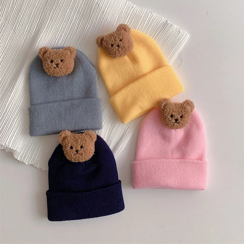 Korean Baby Autumn Winter Hat Cute Bear Knitted Warm Newborn Cap Infant Beanie Solid Color Baby Girl Boy Soft Crochet Hats